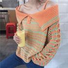 Striped Distressed Collared Off Shoulder Sweater