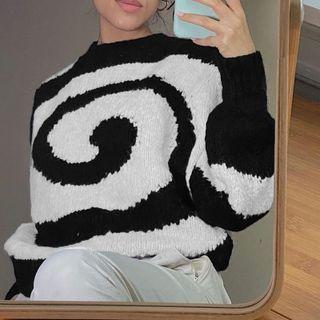 Swirl Printed Round Neck Long Sleeve Sweater