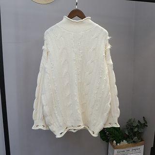 Turtle-neck Ripped Cable-knit Sweater