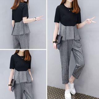 Set: Striped Panel Short-sleeve Top + Cropped Pants
