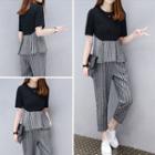 Set: Striped Panel Short-sleeve Top + Cropped Pants