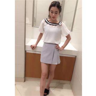 Contrast-trim Tie-neck Chiffon Blouse