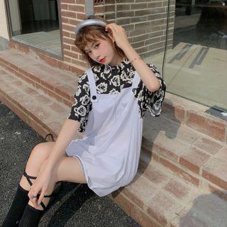Mock Two-piece Flower Print Shirt + Overall Dress Floral - One Size