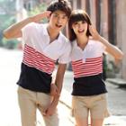 Couple Matching Short-sleeve Striped Panel Polo Shirt