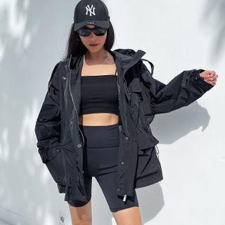 Mock-neck Plain Cargo Zip Pocket Oversize Jacket