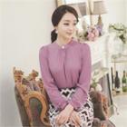 Puff-shoulder Faux-pearl Buttoned Blouse
