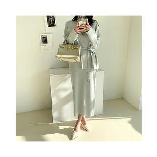 Knit Set: V-neck Top With Sash + Maxi Skirt