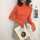 Plain Mock-neck Slim-fit Long-sleeve Top