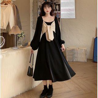 Puff Sleeve Square Neck Lace-up A-line Dress