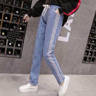 Drawstring Waist Lettering Trim Straight Cut Jeans