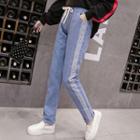Drawstring Waist Lettering Trim Straight Cut Jeans