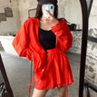 Long-sleeve Drawstring Plain Shirt + High-waist Skort
