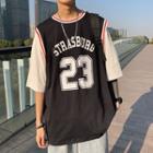 Mock Two-piece Elbow-sleeve Number Print T-shirt