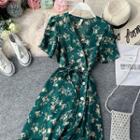 Short-sleeve Floral Print Wrap Midi A-line Dress Green - One Size
