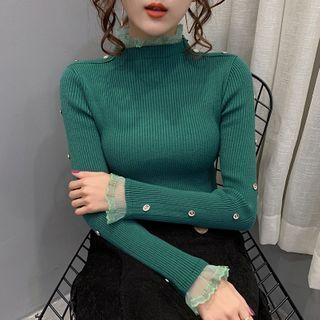 Mock-turtleneck Studded Ribbed Knit Top