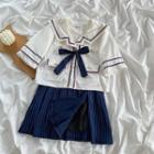 Elbow-sleeve Collar Ribbon Top / Pinstriped Mini A-line Skirt / Set
