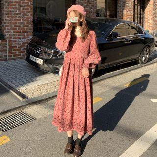 Turtleneck Long-sleeve Top / Long-sleeve Midi Printed A-line Dress