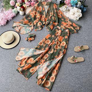 Set: Floral Print Cropped Blouse + Wide Leg Pants
