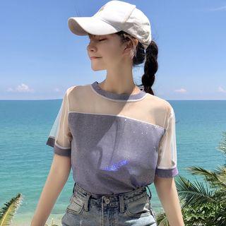 Mesh Panel Short-sleeve Glitter T-shirt