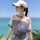 Mesh Panel Short-sleeve Glitter T-shirt
