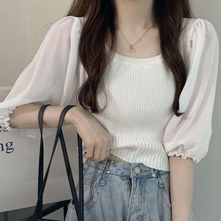 Panel Chiffon Puff Short-sleeve Knit Shirt