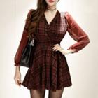 3/4-sleeve Plaid Panel Mini A-line Dress