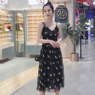 Spaghetti Strap Star Pattern Mesh Midi Dress