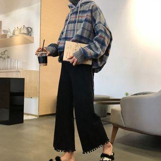 Mock Two-piece Turtleneck Plaid Hoodie / Cropped Wide-leg Pants