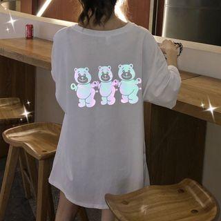 Reflective Bear Print Elbow-sleeve T-shirt