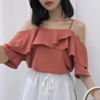 Ruffled Cold Shoulder Elbow-sleeve Top