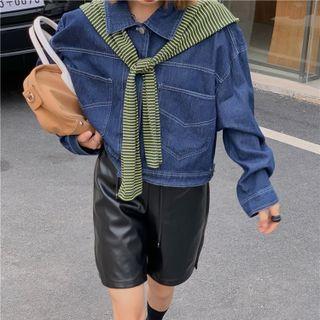 Long-sleeve Loose-fit Cropped Denim Shirt Blue & Green - One Size