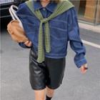 Long-sleeve Loose-fit Cropped Denim Shirt Blue & Green - One Size