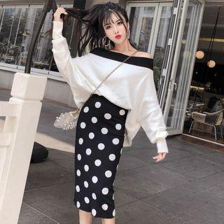 Off-shoulder Sweater / Dotted Midi Straight-fit Knit Skirt