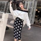 Off-shoulder Sweater / Dotted Midi Straight-fit Knit Skirt