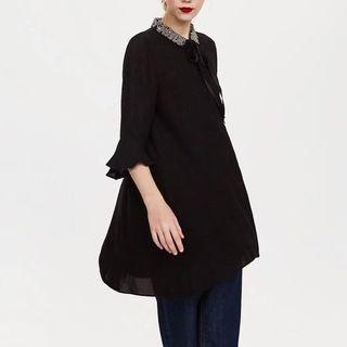 3/4-sleeve Beaded Ruffled Shirt