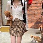 Long-sleeve Plain Cardigan / High-waist Pleated Skirt