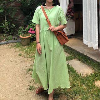 Plain Crewneck Short-sleeve Dress Green - One Size