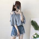 Tie-strap Cold-shoulder Elbow-sleeve Striped Blouse Stripe - Blue - One Size