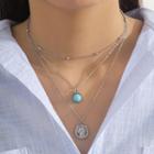 Set: Embossed Disc Alloy Pendant Necklace + Turquoise Pendant Alloy Necklace + Alloy Choker