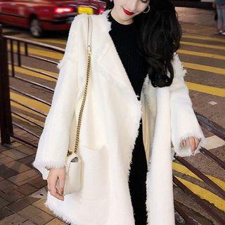 Plain Long-sleeve Knit Dress / Plain Frayed Long-sleeve Cardigan