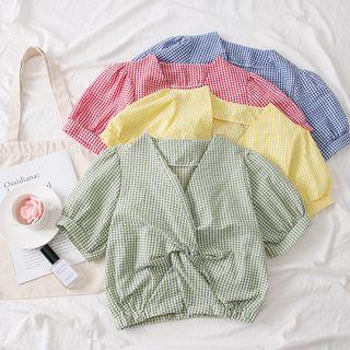 Checked Knotted V-neck Blouse