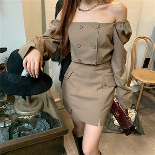 Off-shoulder Double-breasted Blouse / Mini A-line Skirt