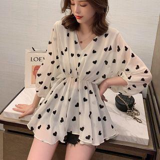 V-neck Heart Print Chiffon Top