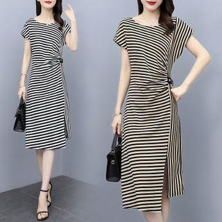 Cap Sleeve Striped Draped Slit A-line Dress