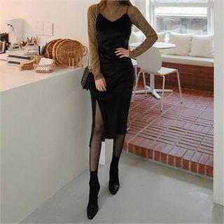 Deep-slit Long Velvet Dress Black - One Size
