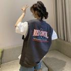 Slit-side Lettering Sleeveless V-neck T-shirt