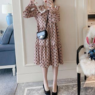 Balloon-sleeve Dotted Midi A-line Dress