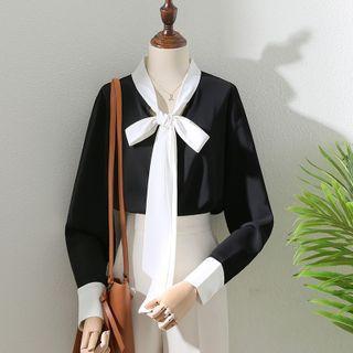Long-sleeve V-neck Color Block Bow Chiffon Shirt