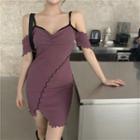 Contrast Trim Cold-shoulder Mini Bodycon Dress As Shown In Figure - One Size