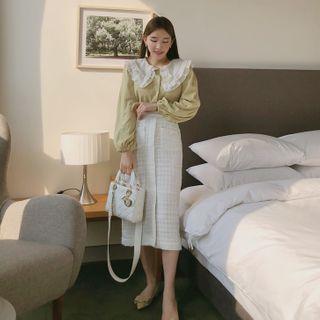 Dual-pocket Slit-front Tweed Skirt